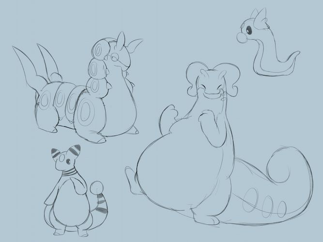 uncolored drawings of various pokemon. pictured, clockwise from top right, are dratini, goodra, ampharos, and scolipede.